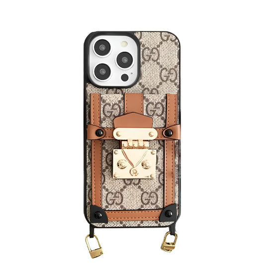 GG Klassische Leder-Wallet-Hülle für iPhone mit Umhängeband