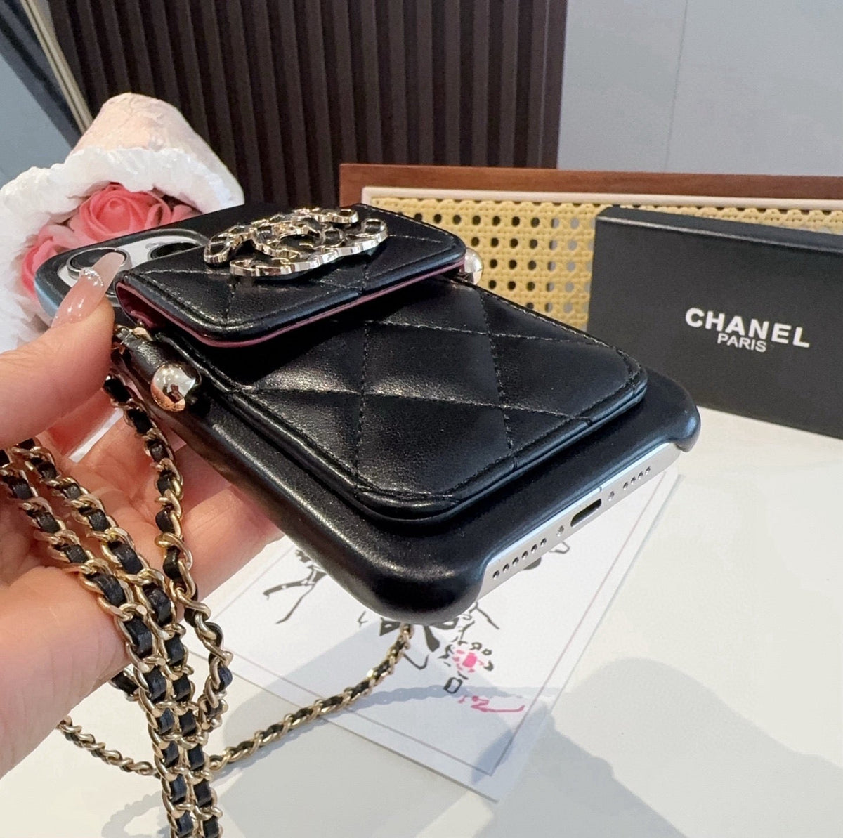 Chanel Style Quilted Leather Phone Case with Crossbody Chain & Card Pocket