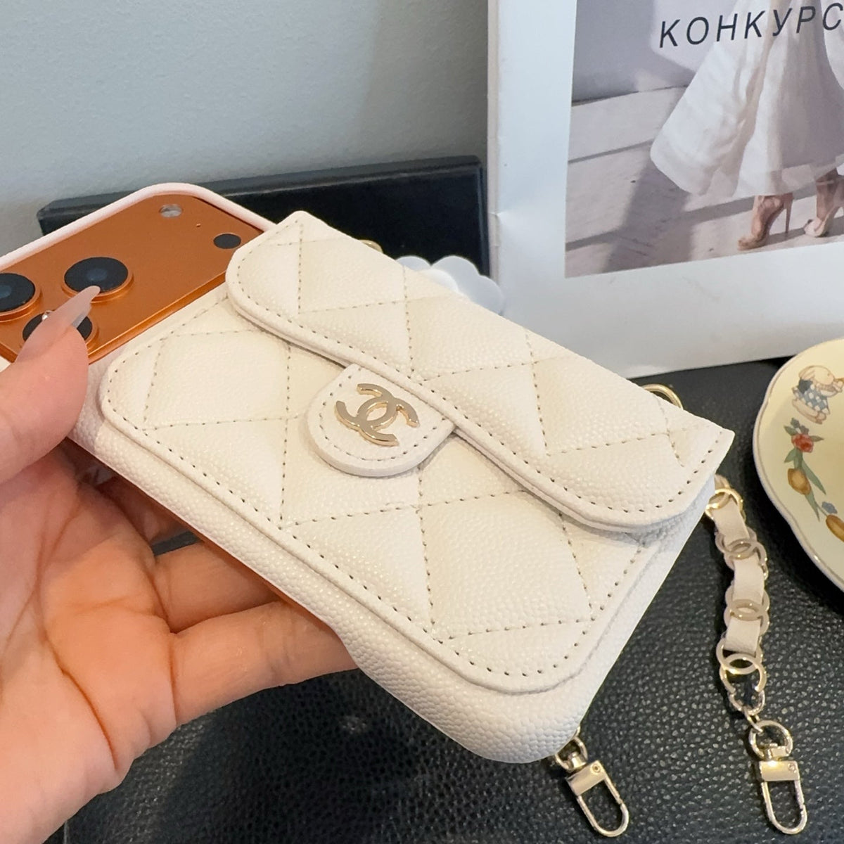 White Chanel Quilted Caviar Leather Card Holder Chain Luxury Phone Case