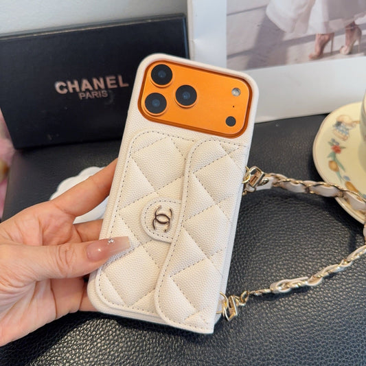White Chanel Quilted Caviar Leather Card Holder Chain Luxury Phone Case