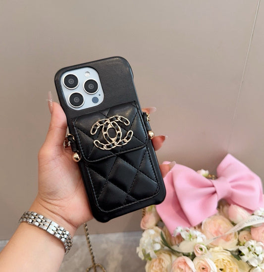 Chanel Style Quilted Leather Phone Case with Crossbody Chain & Card Pocket