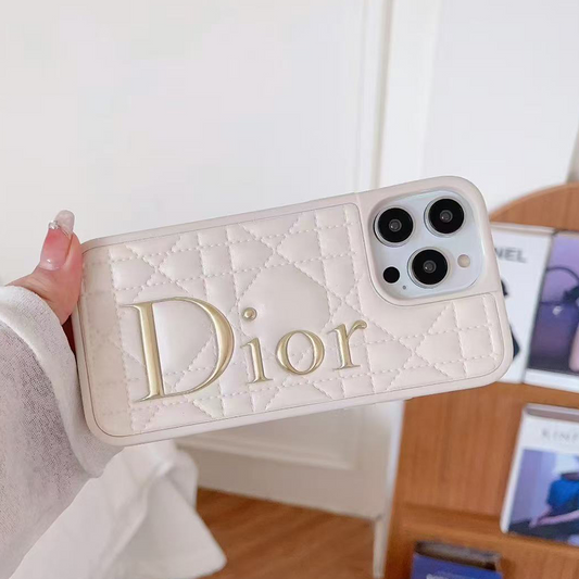 Dior Classic Quilted Leather 3D Gold Logo Luxury Shockproof Phone Case