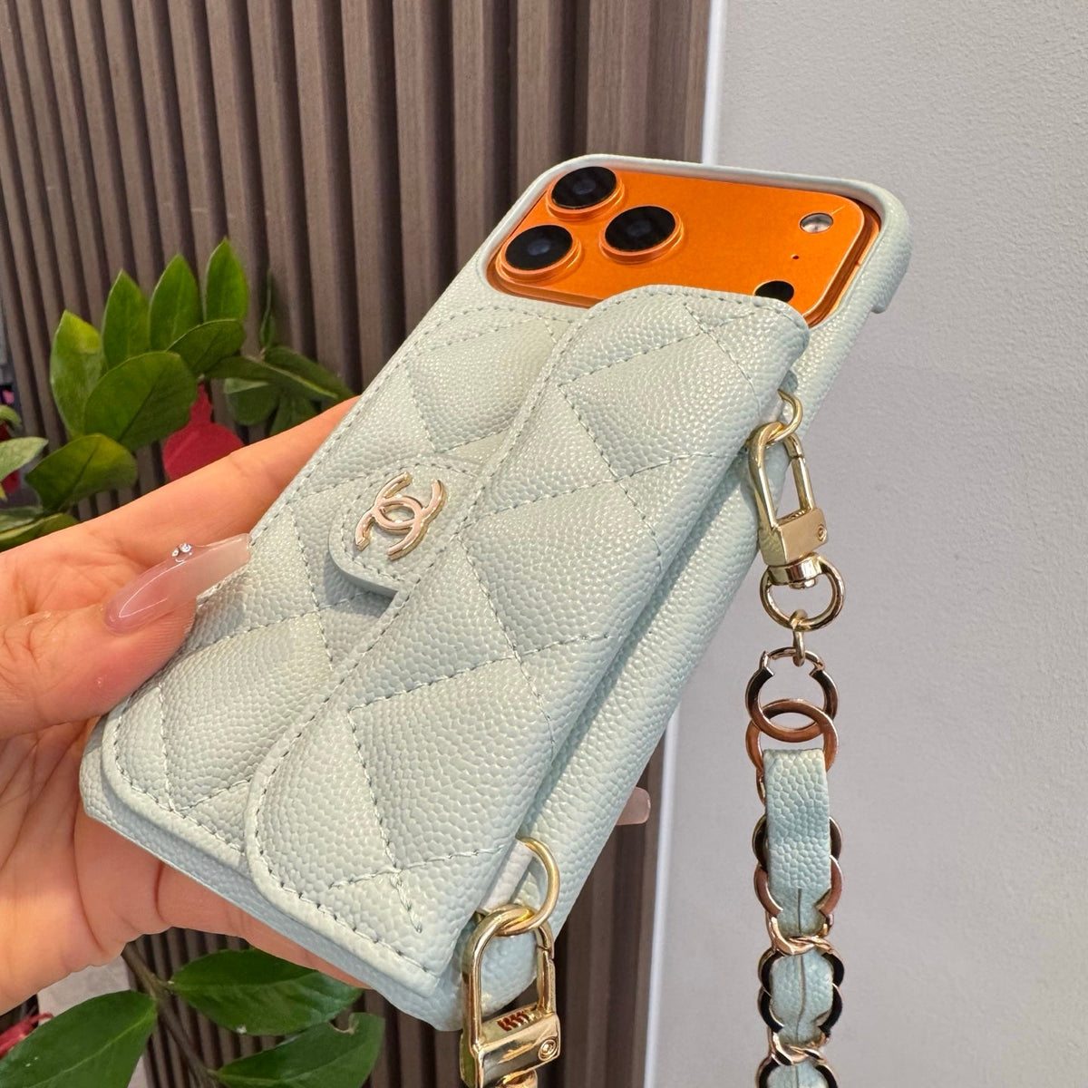 Light Blue Chanel Style Quilted Caviar Leather Card Slot Chain Strap Luxury Phone Case