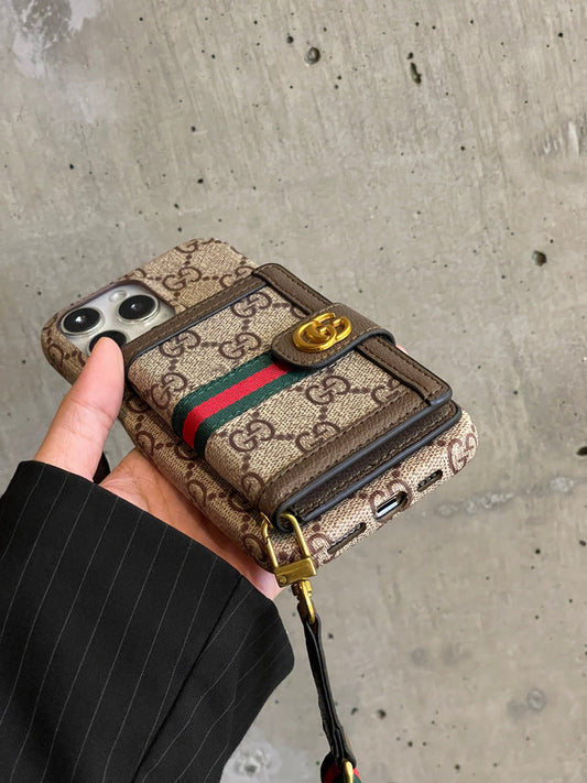 Luxuriöse GG iPhone-Hülle aus Leder mit Geldbörse und Umhängeband