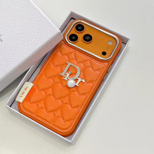 Dior Heart Quilted Leather Rhinestone Logo Luxury Electroplated Frame Phone Case
