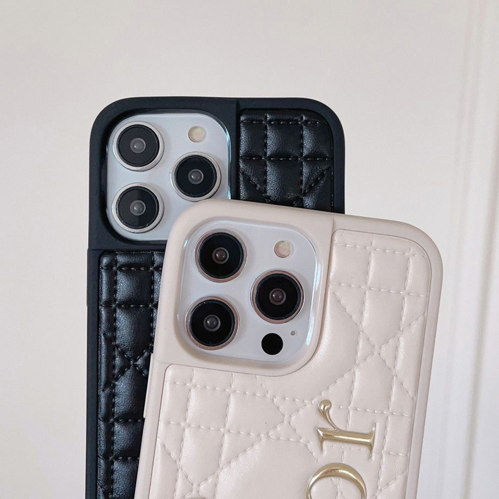 Dior Classic Quilted Leather 3D Gold Logo Luxury Shockproof Phone Case