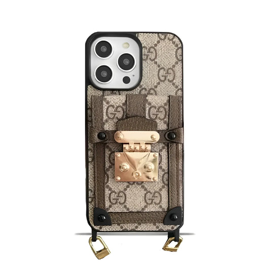 GG Klassische Leder-Wallet-Hülle für iPhone mit Umhängeband