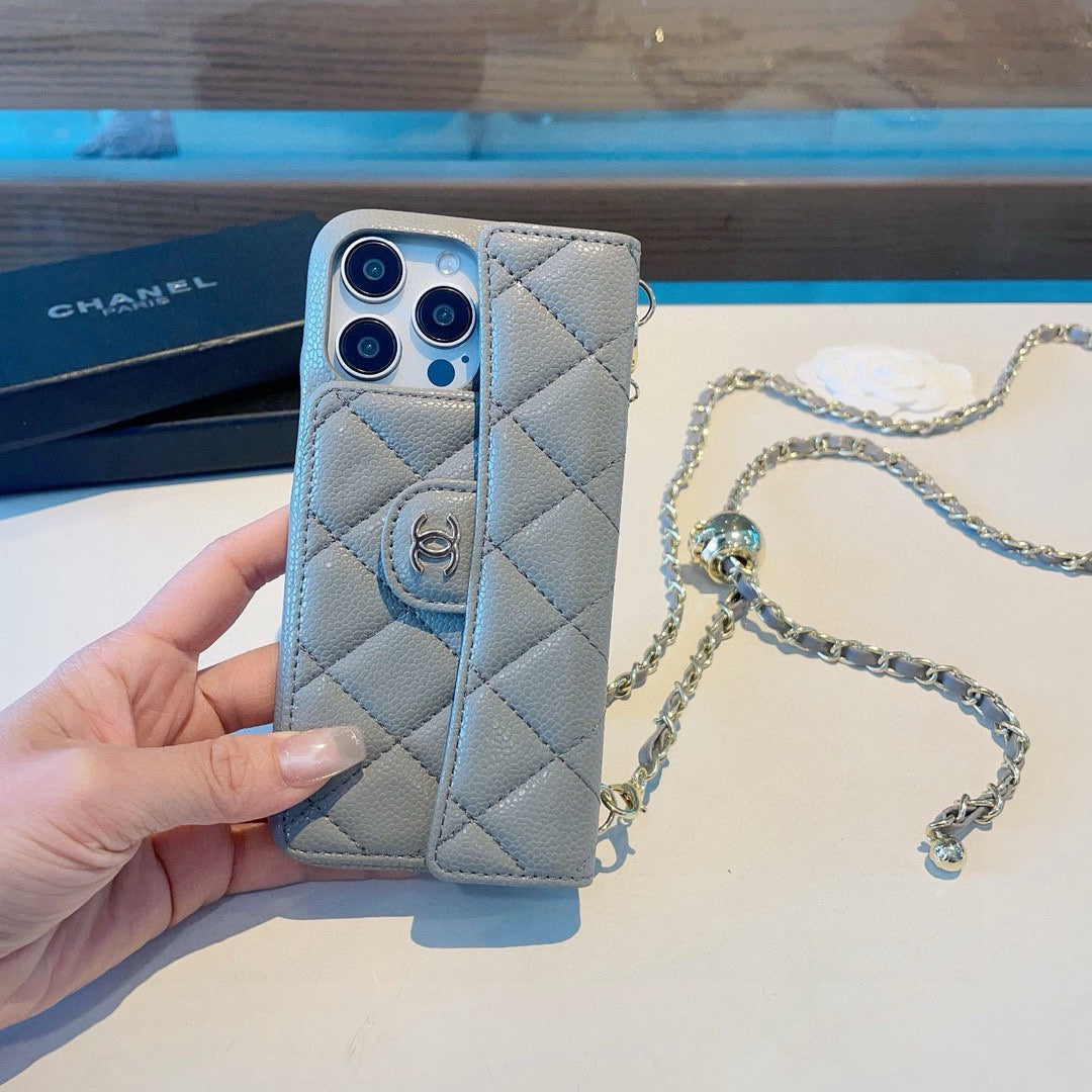 Chanel Style Quilted Leather Flip Card Holder Phone Case With Gold Chain Crossbody Strap
