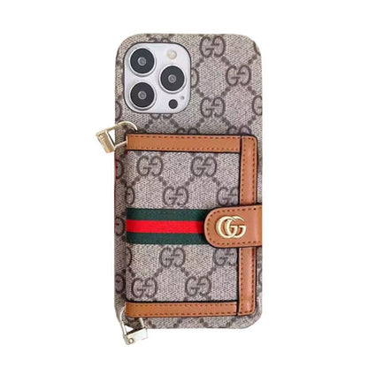 GG iPhone-Hülle mit Geldbörse und Umhängeband in Braun