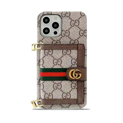 GG iPhone-Hülle mit Geldbörse und Umhängeband in Braun