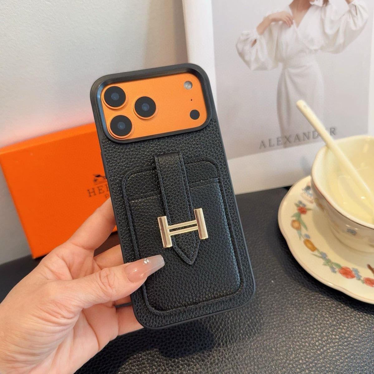 Hermès-Style Leather Card Holder Phone Case with H Buckle & Shockproof Bumper