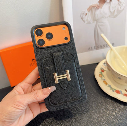 Hermès-Style Leather Card Holder Phone Case with H Buckle & Shockproof Bumper