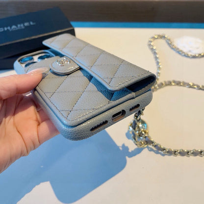 Chanel Style Quilted Leather Flip Card Holder Phone Case With Gold Chain Crossbody Strap