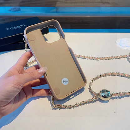 Chanel Style Quilted Leather Flip Card Holder Phone Case With Gold Chain Crossbody Strap