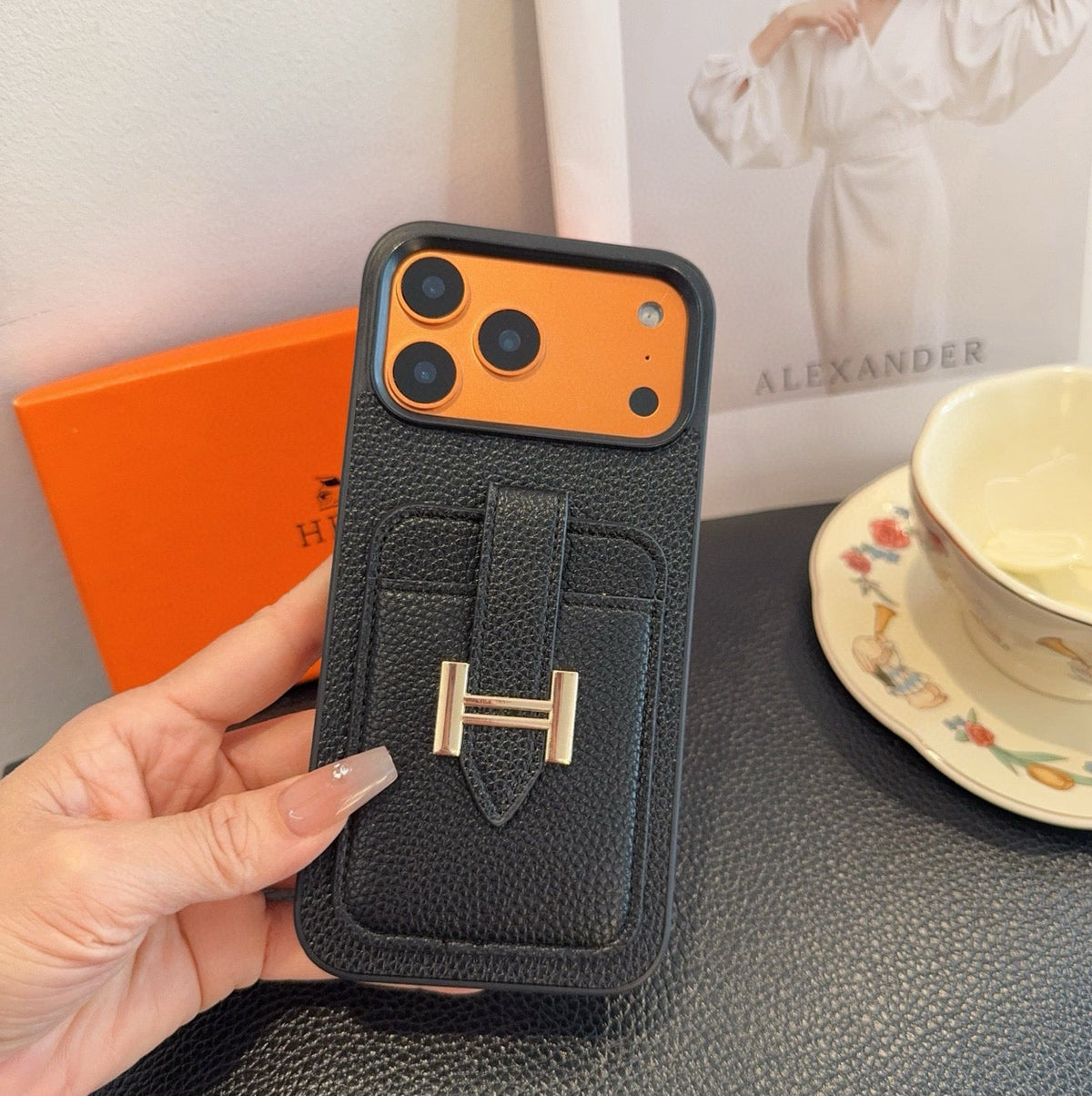 Hermès-Style Leather Card Holder Phone Case with H Buckle & Shockproof Bumper