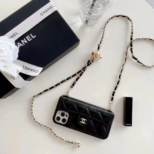 Chanel Style Quilted Wallet Phone Case With Adjustable Chain Crossbody Strap
