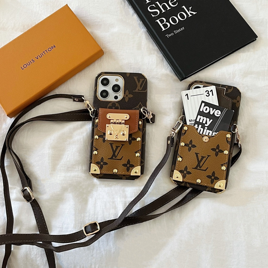 Stylish LV iPhone Case with Card Holder & Crossbody Strap