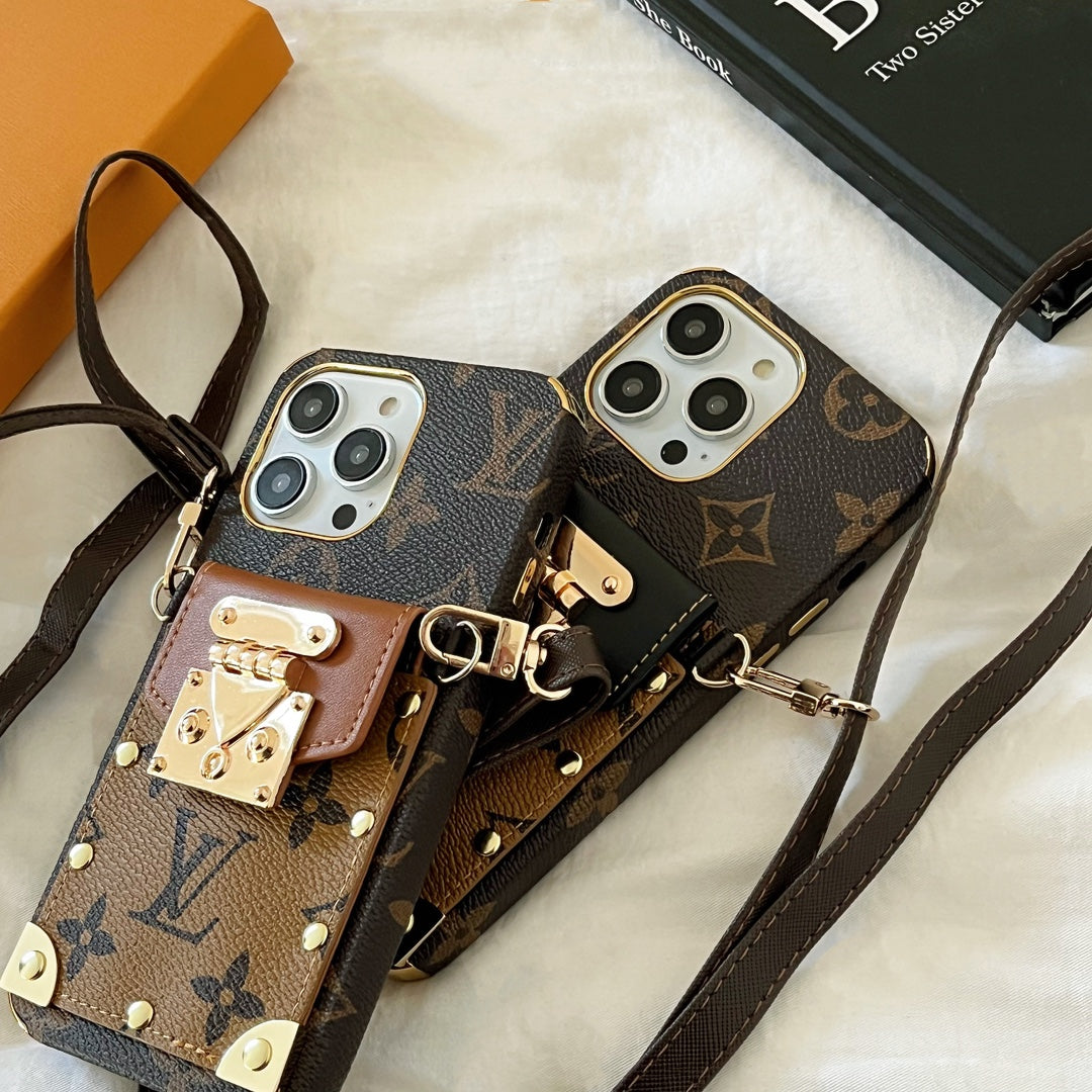 Stylish LV iPhone Case with Card Holder & Crossbody Strap