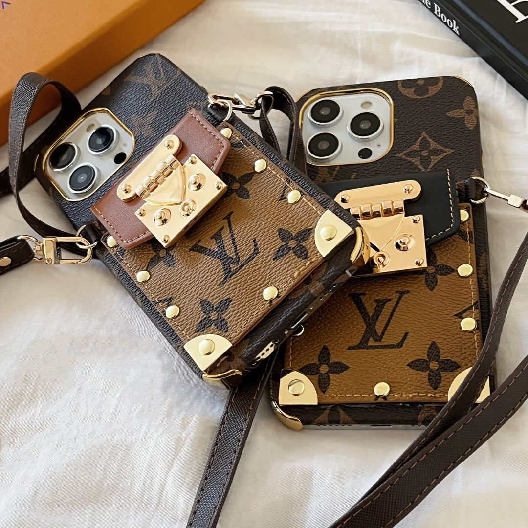 Stylish LV iPhone Case with Card Holder & Crossbody Strap