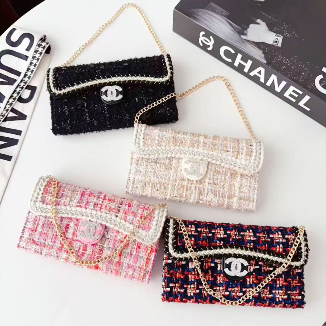 Chanel-Style Tweed Crossbody Phone Case Bag with Chain Strap