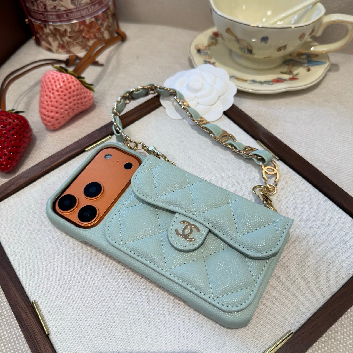 Light Blue Chanel Style Quilted Caviar Leather Card Slot Chain Strap Luxury Phone Case