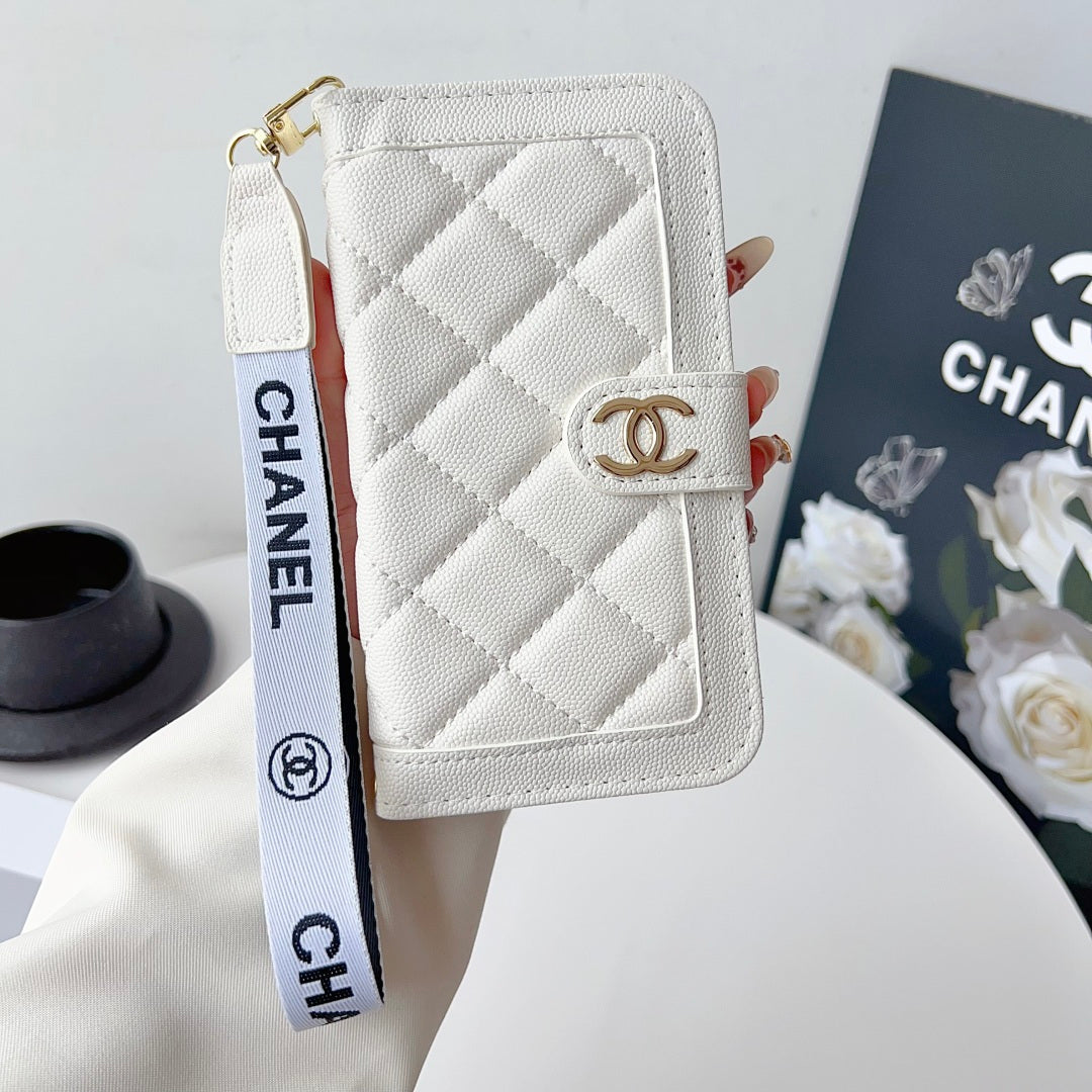 Chanel Style Diamond Quilted Leather Flip Wallet Phone Case with Wrist Strap