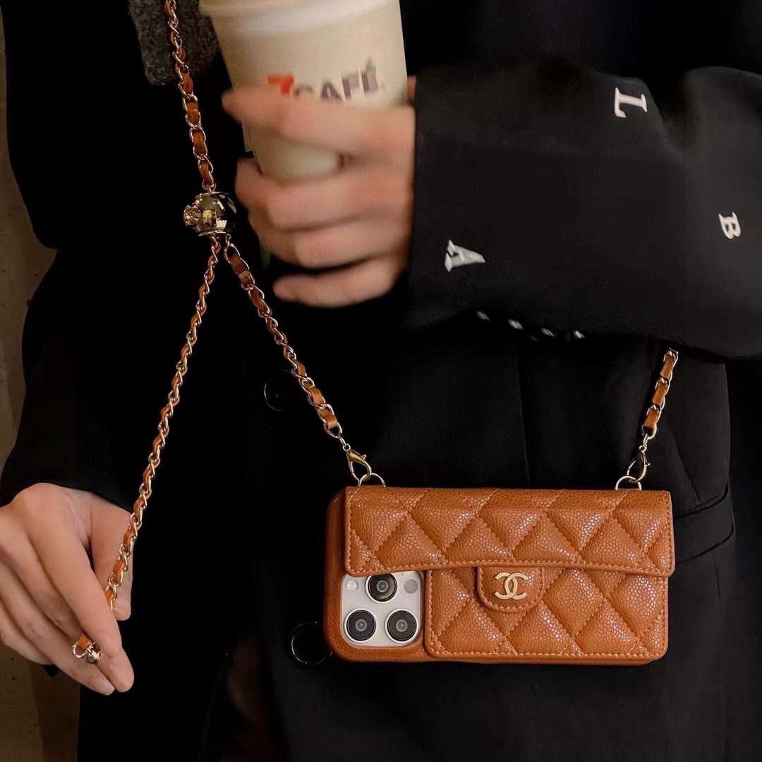 Chanel Style Quilted Leather Flip Card Holder Phone Case With Gold Chain Crossbody Strap
