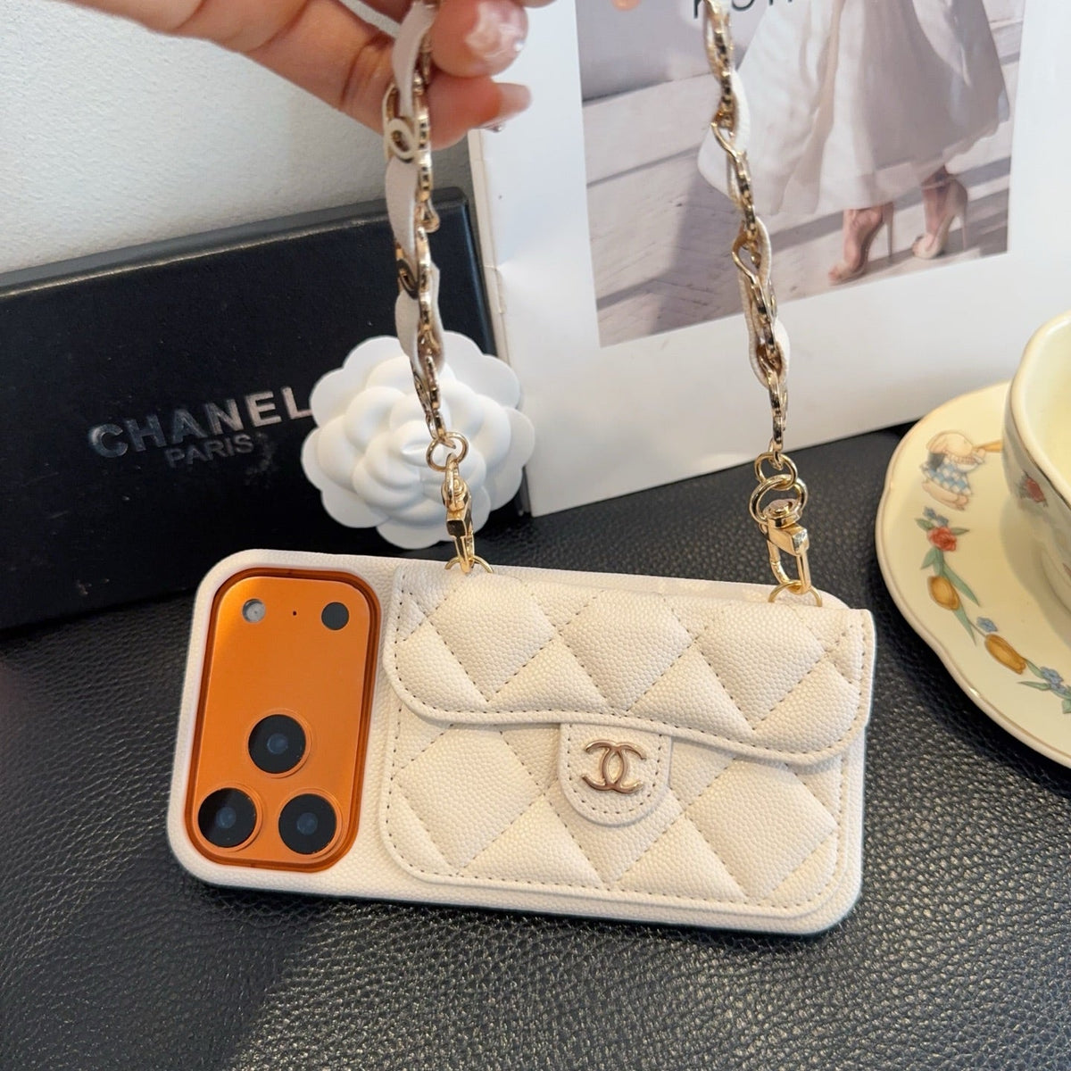 White Chanel Quilted Caviar Leather Card Holder Chain Luxury Phone Case