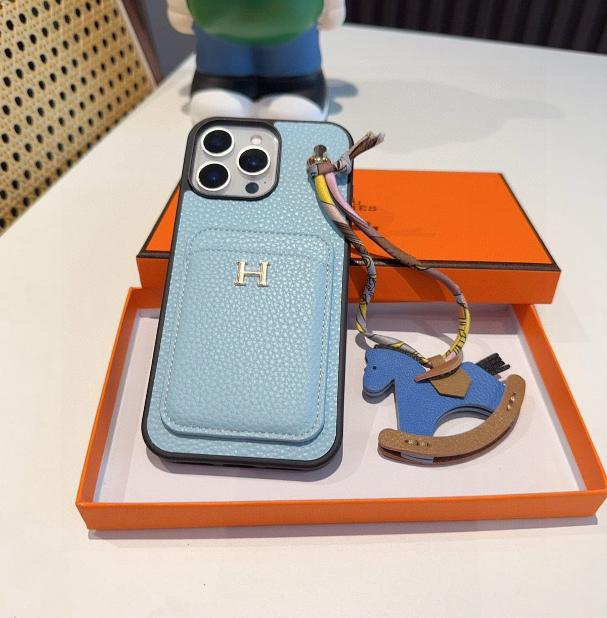 Hermès Style Luxury Leather Card Holder Phone Case | Wrist Strap & Horse Charm