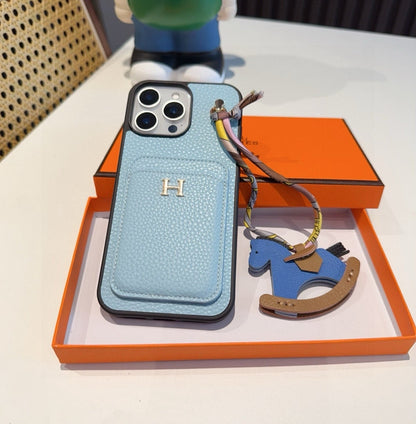 Hermès Style Luxury Leather Card Holder Phone Case | Wrist Strap & Horse Charm