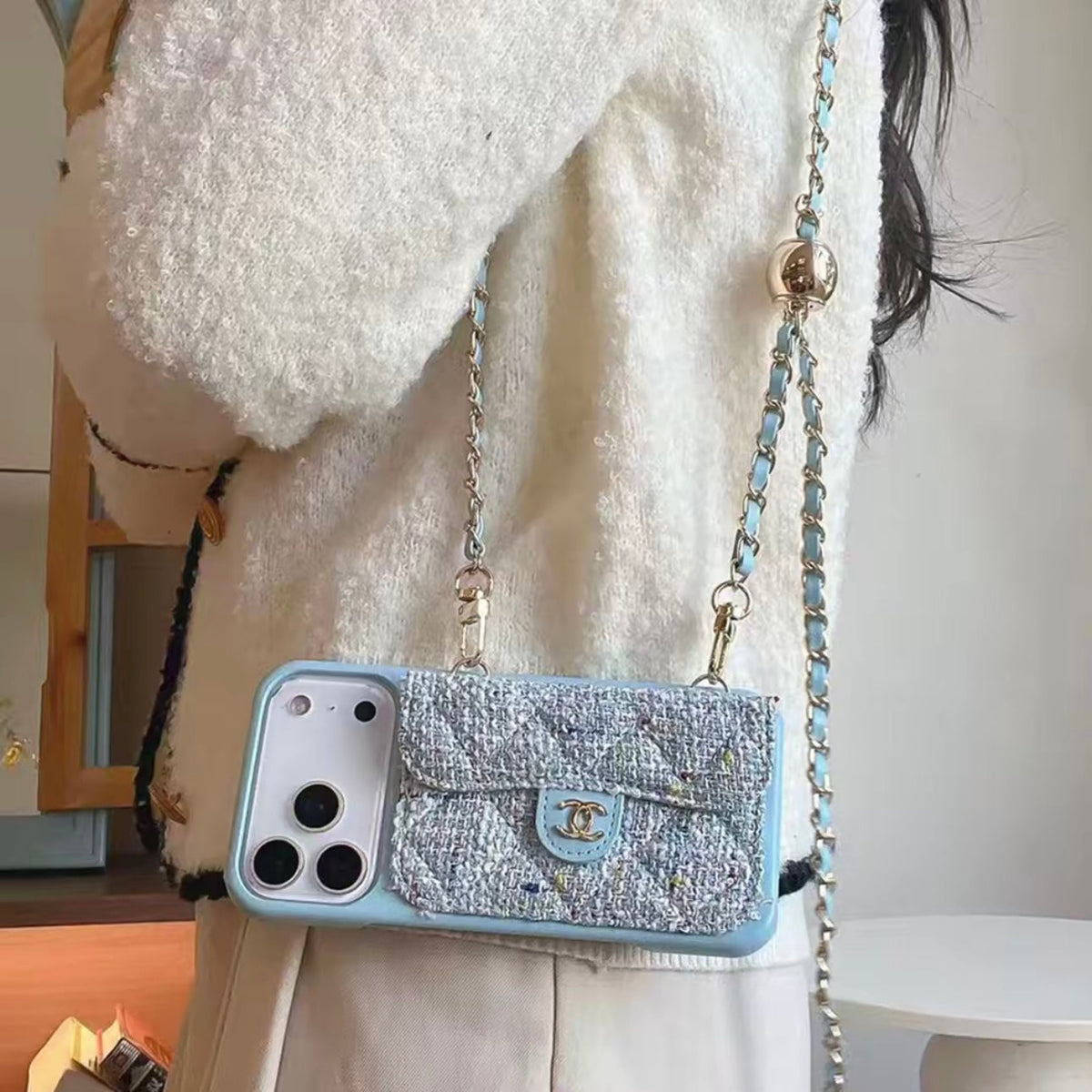 Chanel Style Quilted Wallet Phone Case With Adjustable Chain Crossbody Strap