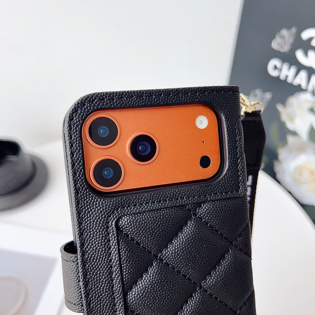 Chanel Style Diamond Quilted Leather Flip Wallet Phone Case with Wrist Strap