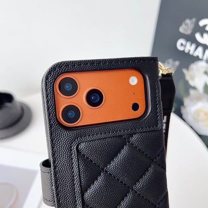 Chanel Style Diamond Quilted Leather Flip Wallet Phone Case with Wrist Strap