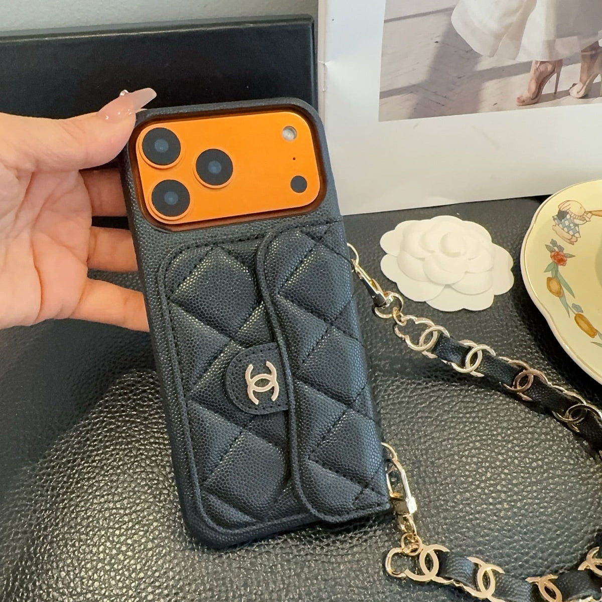 Chanel Quilted Caviar Leather Card Holder Chain Strap Luxury Phone Case