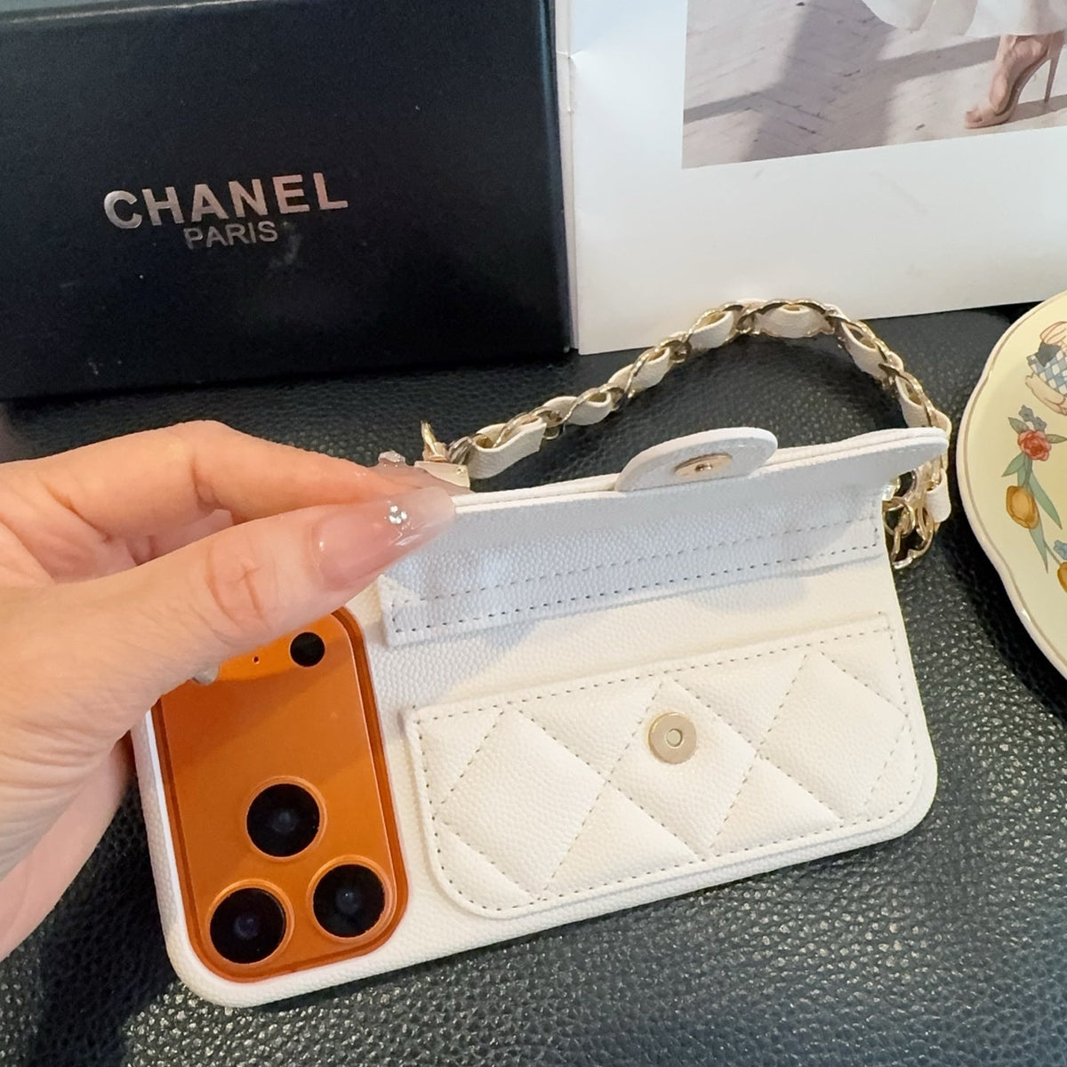 White Chanel Quilted Caviar Leather Card Holder Chain Luxury Phone Case