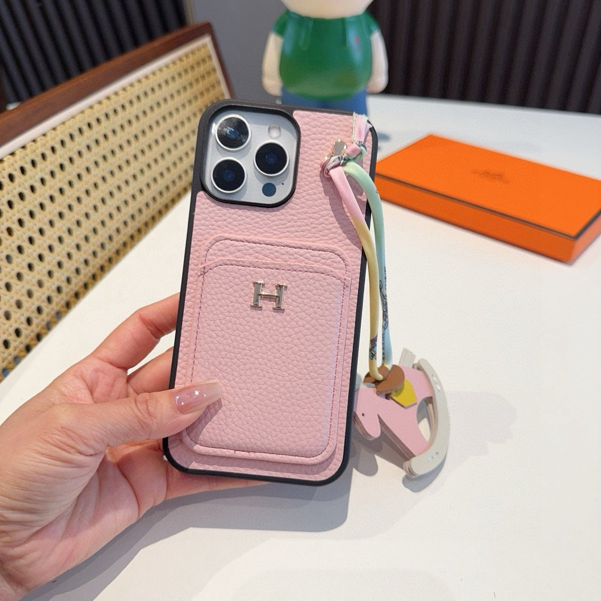 Hermès Style Luxury Leather Card Holder Phone Case | Wrist Strap & Horse Charm