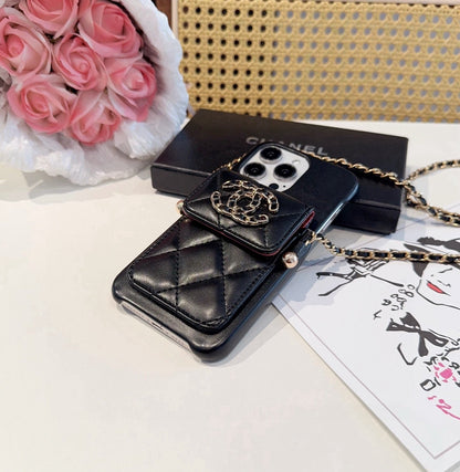 Chanel Style Quilted Leather Phone Case with Crossbody Chain & Card Pocket