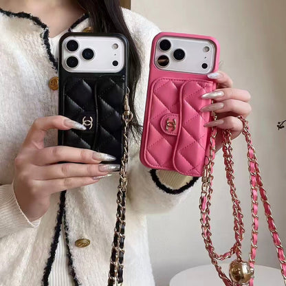 Chanel Style Quilted Wallet Phone Case With Adjustable Chain Crossbody Strap