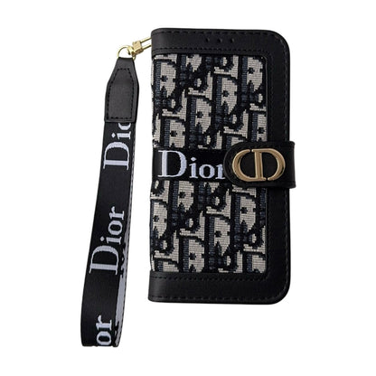 Dior Oblique Monogram Flip Wallet Phone Case With Brand Wrist Strap