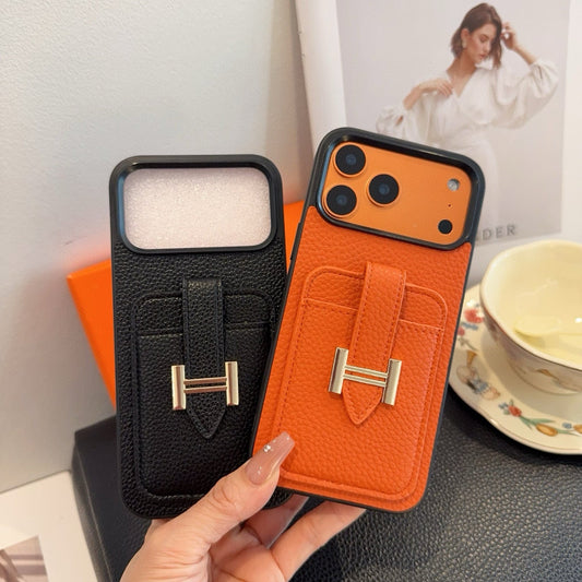Hermès-Style Leather Card Holder Phone Case with H Buckle & Shockproof Bumper