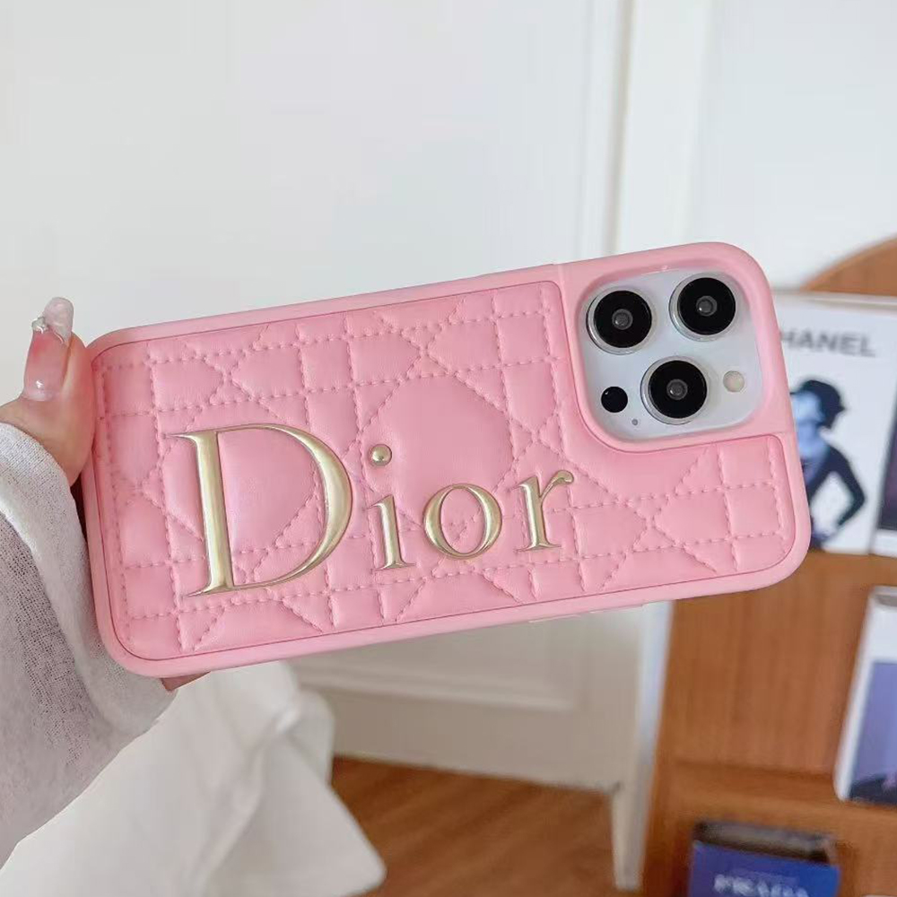 Dior Classic Quilted Leather 3D Gold Logo Luxury Shockproof Phone Case