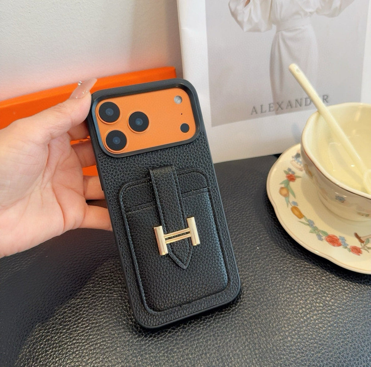Hermès-Style Leather Card Holder Phone Case with H Buckle & Shockproof Bumper