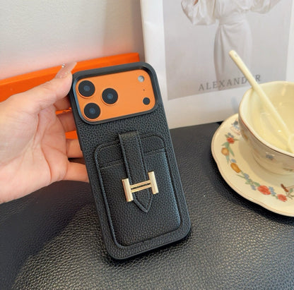 Hermès-Style Leather Card Holder Phone Case with H Buckle & Shockproof Bumper