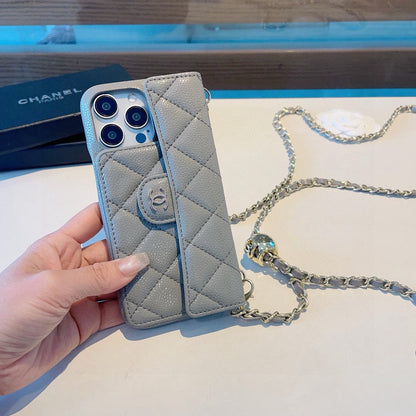 Chanel Style Quilted Leather Flip Card Holder Phone Case With Gold Chain Crossbody Strap
