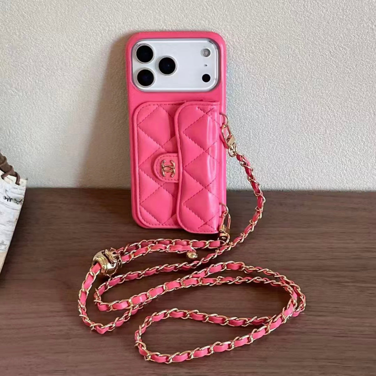 Chanel Style Quilted Wallet Phone Case With Adjustable Chain Crossbody Strap