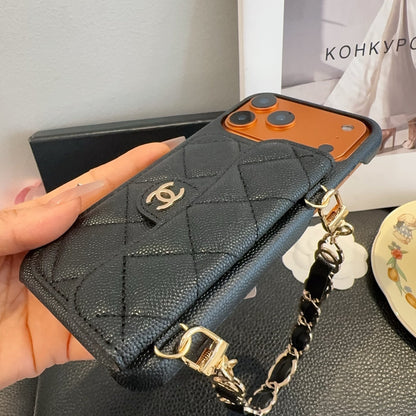 Chanel Quilted Caviar Leather Card Holder Chain Strap Luxury Phone Case