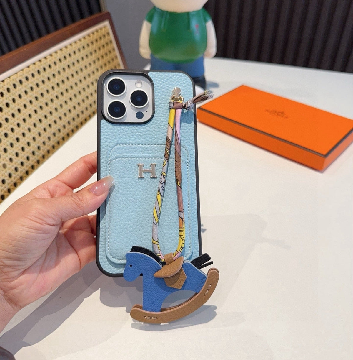 Hermès Style Luxury Leather Card Holder Phone Case | Wrist Strap & Horse Charm