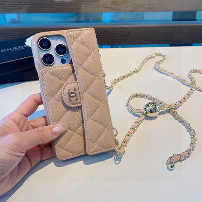 Chanel Style Quilted Leather Flip Card Holder Phone Case With Gold Chain Crossbody Strap
