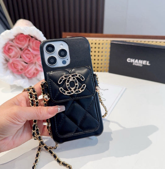Chanel Style Quilted Leather Phone Case with Crossbody Chain & Card Pocket