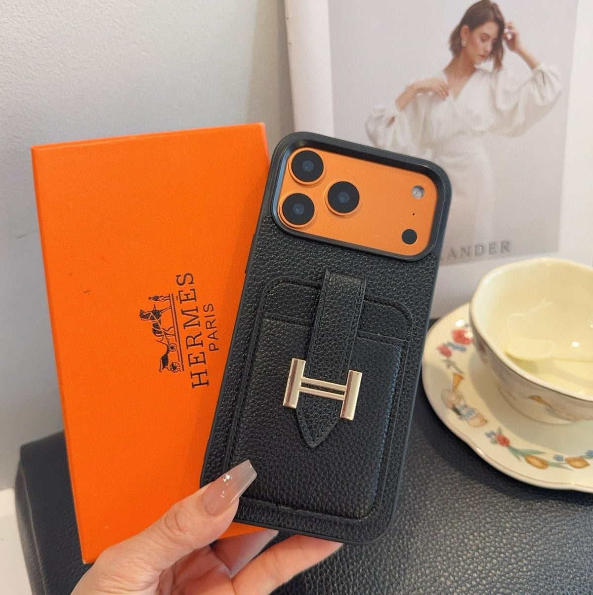 Hermès-Style Leather Card Holder Phone Case with H Buckle & Shockproof Bumper